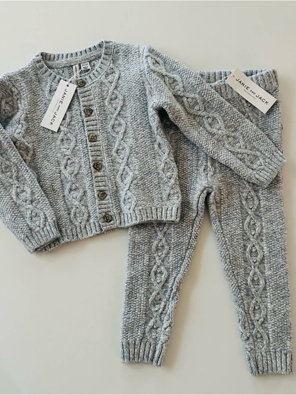 Janie and Jack 18-24 Months Baby Boy Light Gray Cable Knit Sweater & Pants Set